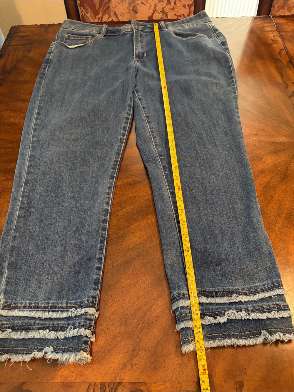 CHARLIE B Denim Cropped Jeans with Layered Frayed Hem - Medium Blue